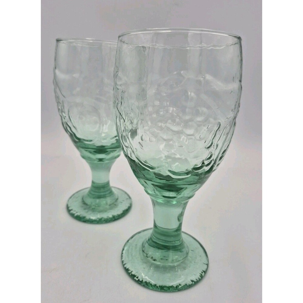 Set of 2 VTG Libbey Glass Orchard Fruit Pattern Green Tinted Footed Goblets 7"